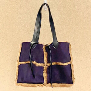 Dennis Basso Faux Suede Faux Fur Shoulder Bag Blue Tie Closure